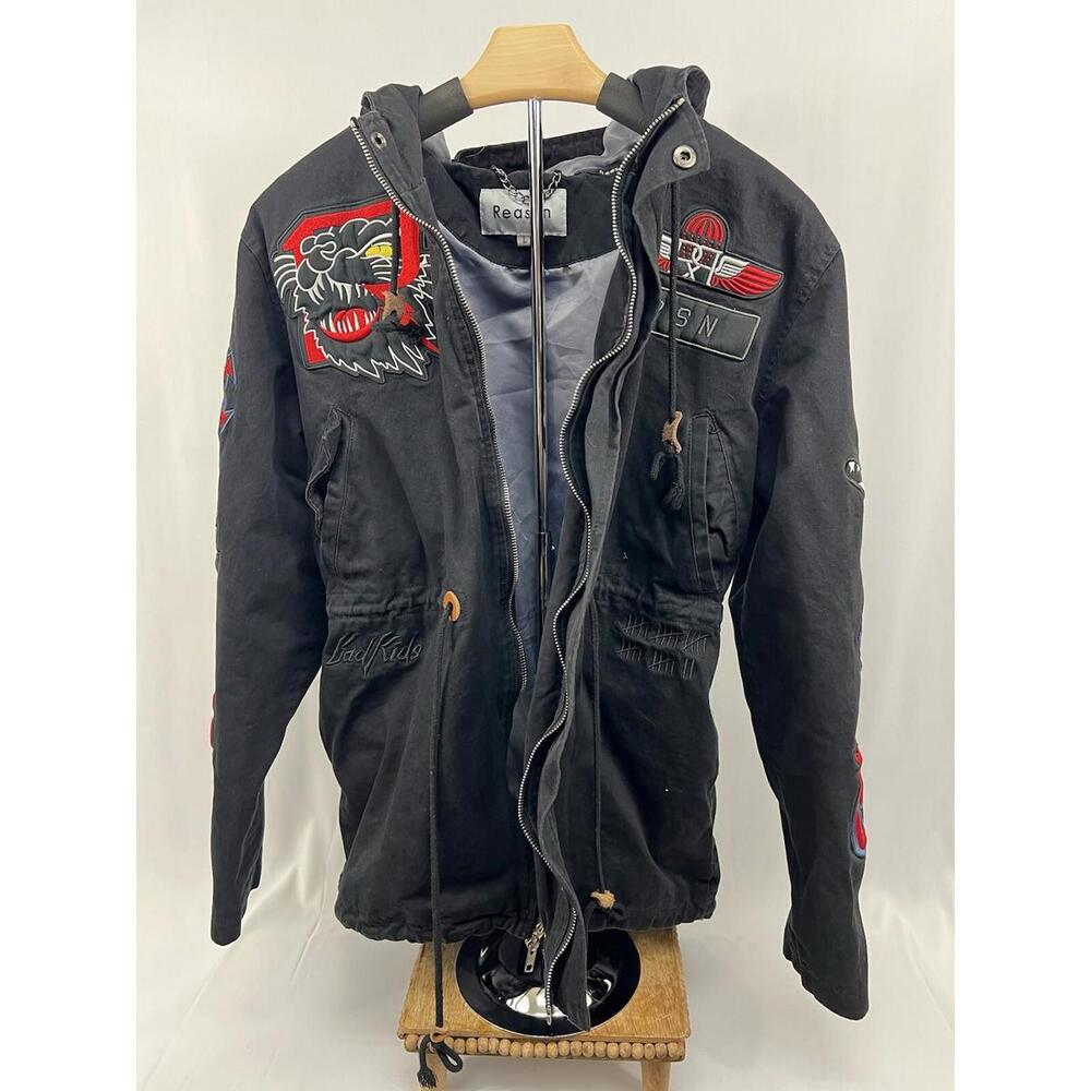 Reason Brand Men's Jacket with Embroidery Lots Patches Black (Size L), #TG
